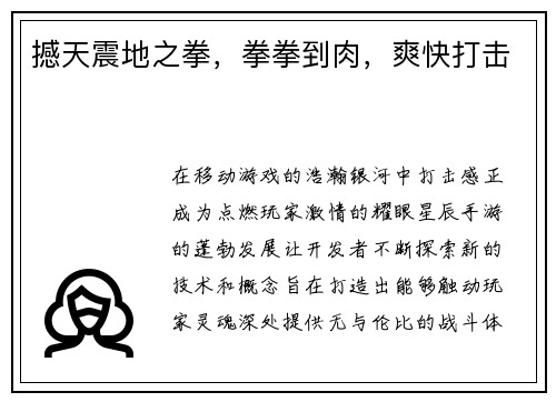 撼天震地之拳，拳拳到肉，爽快打击